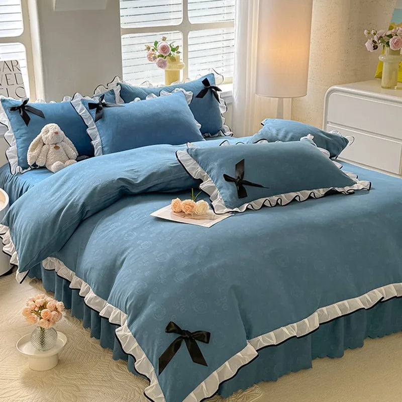 Afralia™ Lace Bow Bed Skirt Bedding Set in Romantic Solid Color for King Queen Double Sizes