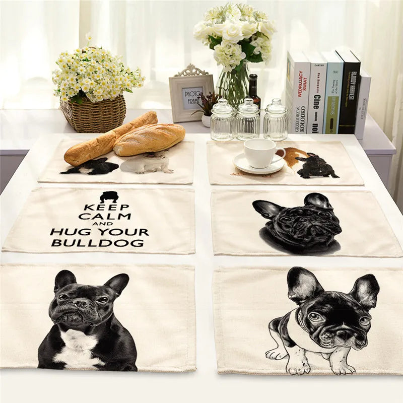 French Bulldog Pattern Placemat Set by Afralia™ - Linen Coasters & Table Mats