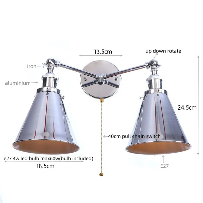 Afralia™ Loft Plug-in LED Wall Lamps Silver Vintage 2 Heads Lighting