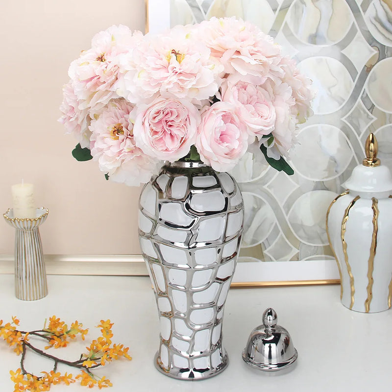 Afralia™ Silver Grid Porcelain Ginger Jar: Elegant Home Decor Vase & Storage Tank