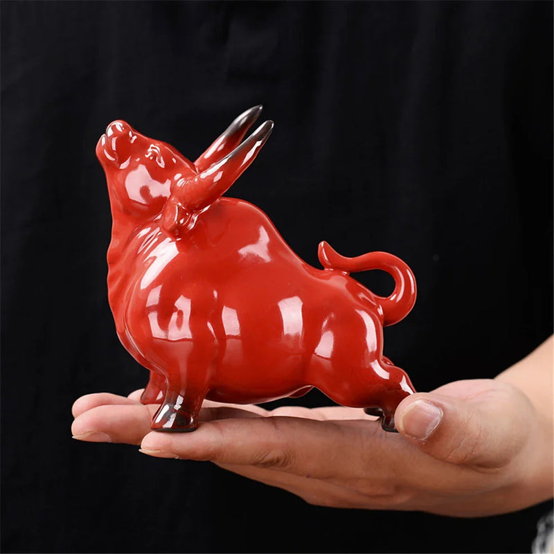 Afralia™ Red Ceramic Bull Sculpture Feng Shui Wealth Cow Figurine Zen Decor