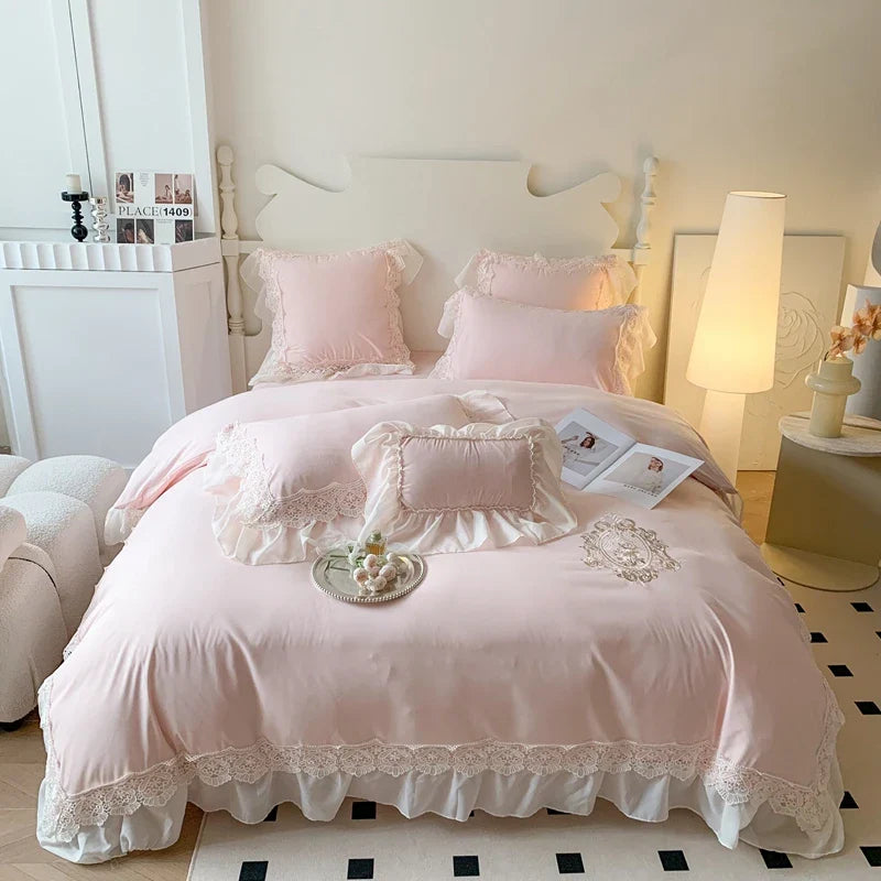 Afralia™ Matcha Green French Chiffon Lace Queen Bedding Set with Ruffles & Embroidery