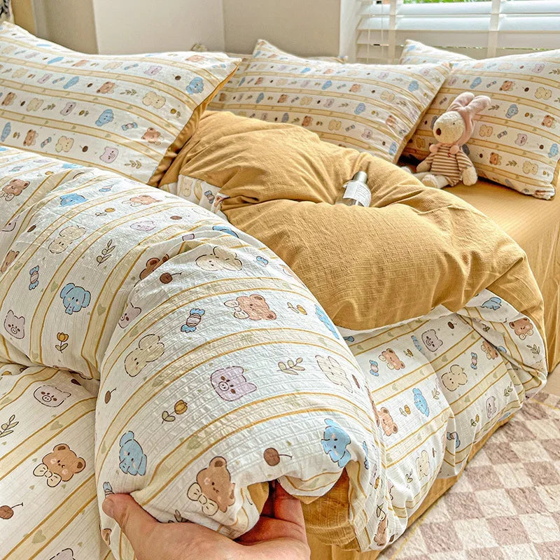 Afralia™ Cotton Flower Printed Comforter Set: Breathable Double-Layer Yarn, Soft Bedding for Girls