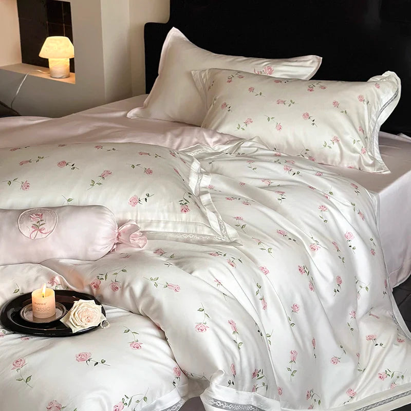 Afralia™ Vintage Rose Print Lace Ruffles 4-Piece Bedding Set