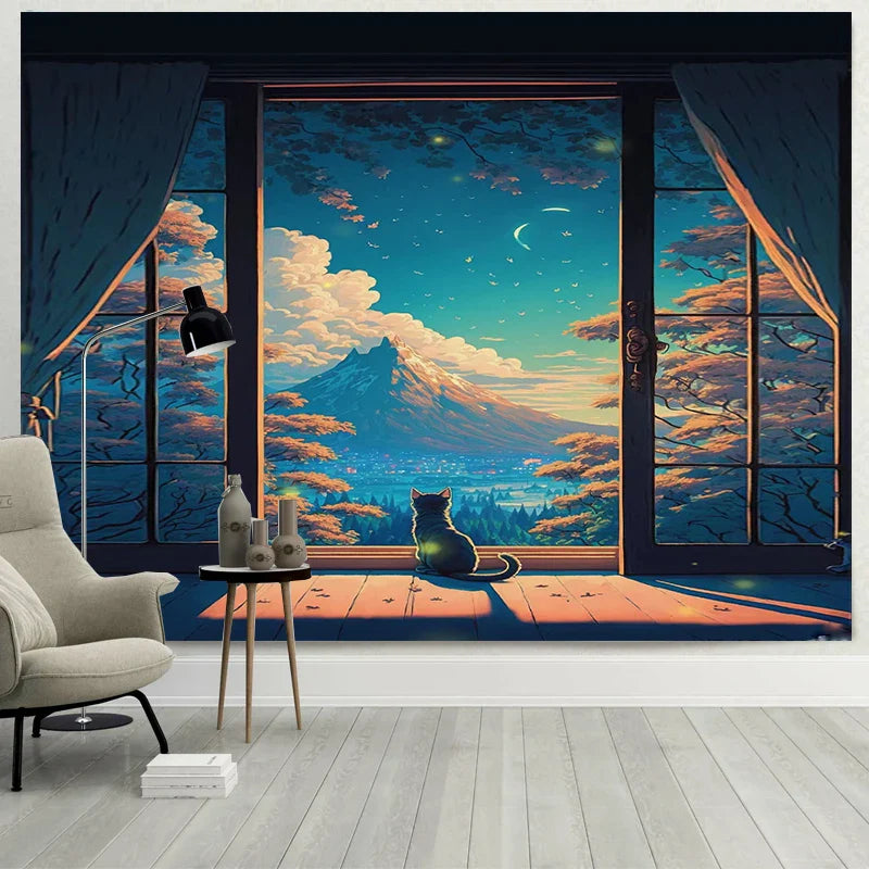 Afralia™ Dreamy Window Cat Tapestry Landscape Wall Cloth for Bedroom & Living Room