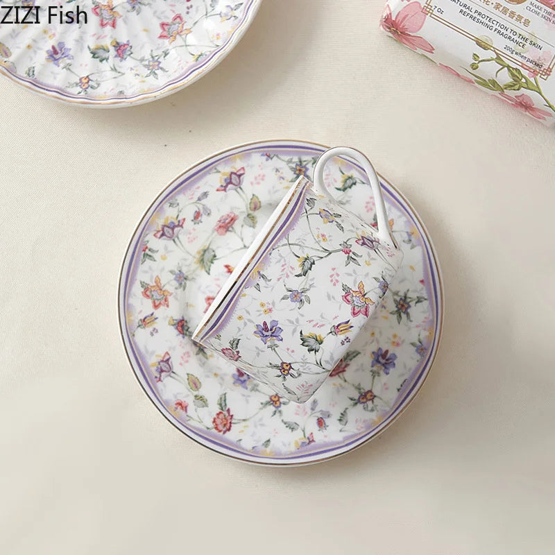Afralia™ Rural Flowers Ceramic Cup & Saucer Set for Dining Table and Coffee, Classical Design