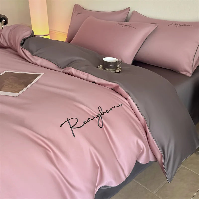 Afralia™ Pure Cotton Luxury Embroidery Bedding Set - Nordic Solid Color Duvet Bedclothes