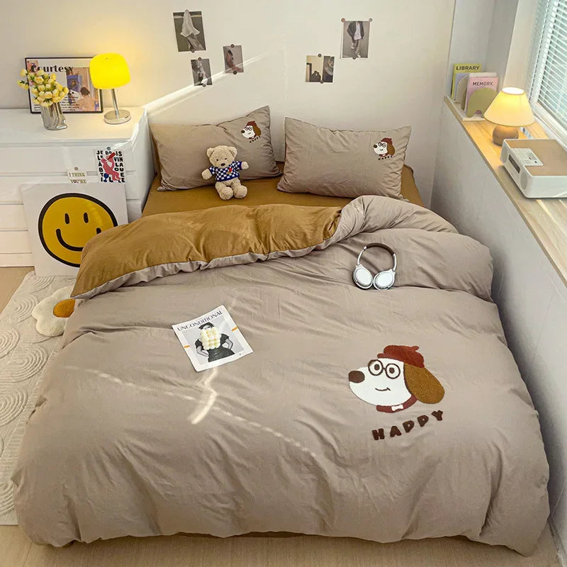 Afralia™ Cartoon Towel Embroidery Bedding Set in Soft Washed Cotton for Kids
