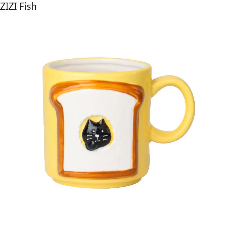 Afralia™ Cat & Bread Pattern Ceramic Cup 200ml Coffee Mug Tea Afternoon Teacup Juice Mug
