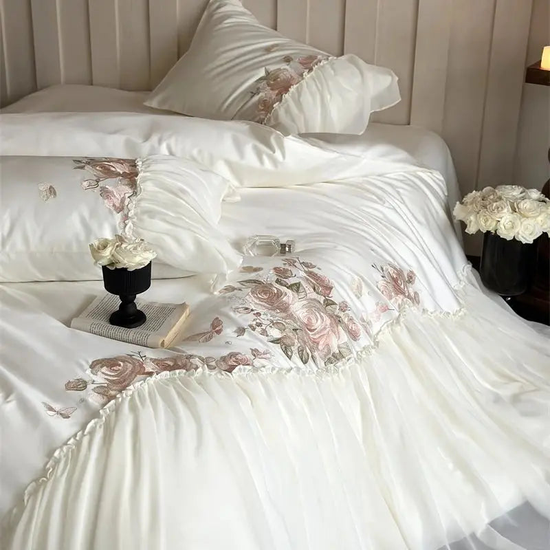 Afralia™ Luxe Lace Ruffles Wedding Bedding Set Flowers Embroidery Duvet Sheet Pillowcase