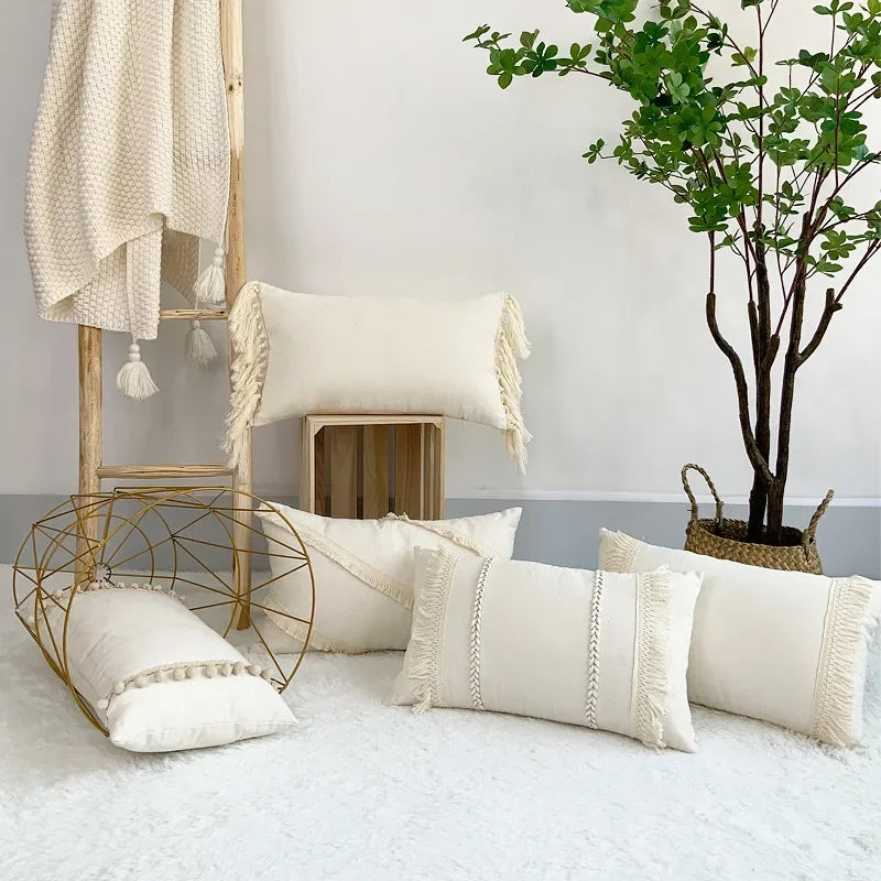Afralia™ Boho Linen Cotton Pillow Cover with Tassels - Beige Square/Rectangular 45x45cm/30x50cm