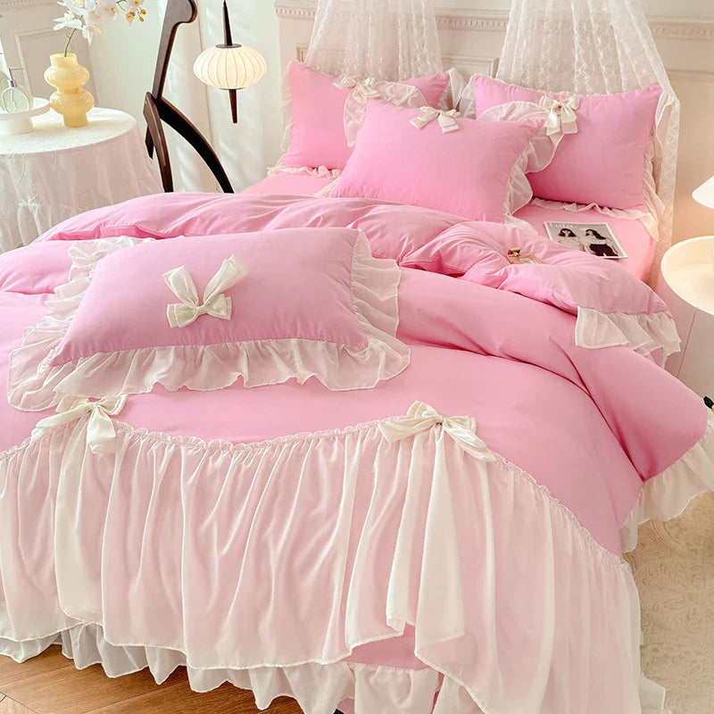 Afralia™ Korean Lace Bow Bedding Set: Luxury Princess Quilt Cover for Girls Wedding Home Textiles