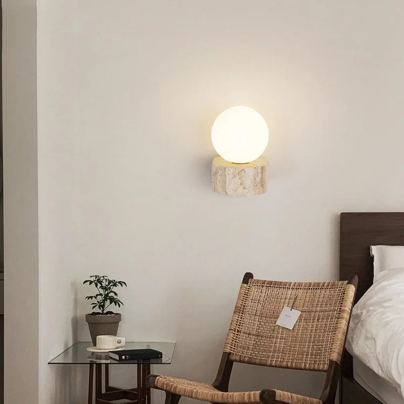 Afralia™ White Glass Globe LED Wall Sconce Lamp, Yellow Stone Base, Japanese Style