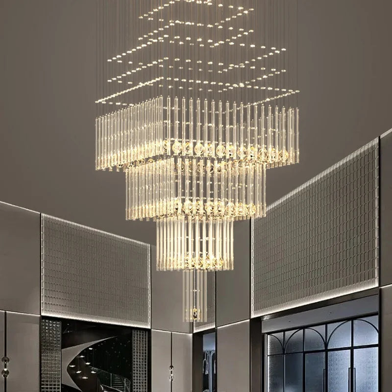 Afralia™ Crystal Ceiling Chandelier: Modern Columnar Square Base Hanging Lamp for Living Room & Staircase