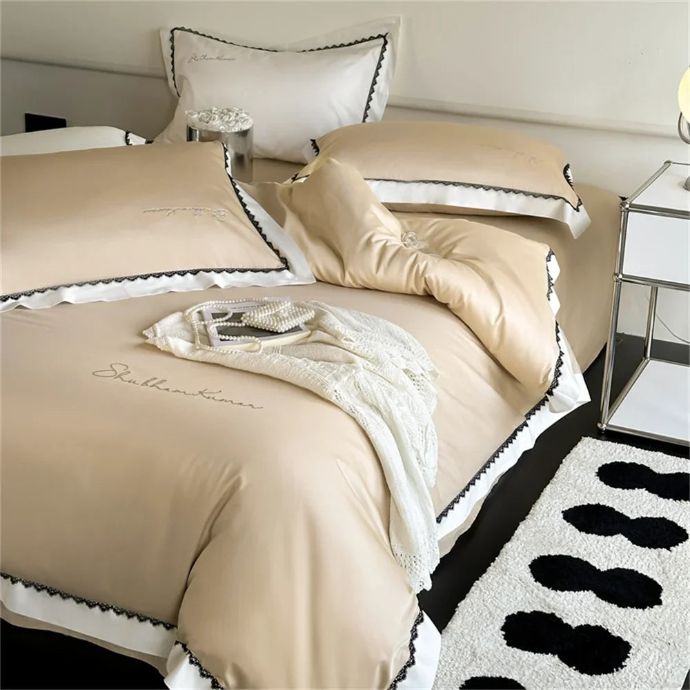 Afralia™ Hot Diamond Lace Egyptian Cotton Bedding Set: Sheet, Pillowcase, Duvet Cover, Full-Queen-King Size