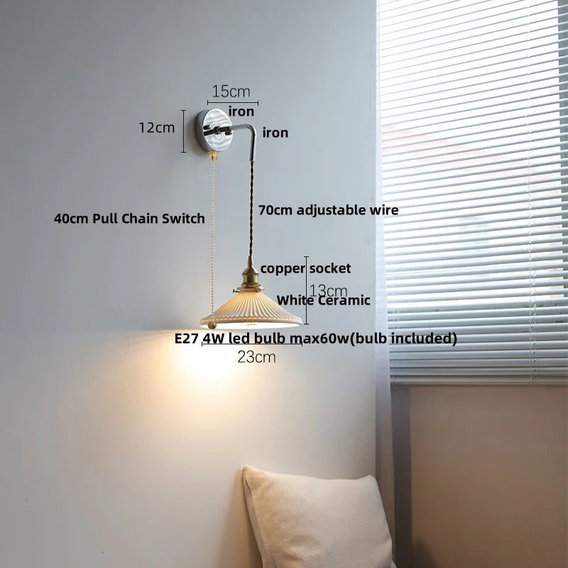 Afralia™ Ceramic LED Wall Sconce Pull Chain Switch, Modern Nordic Bathroom Mirror Light
