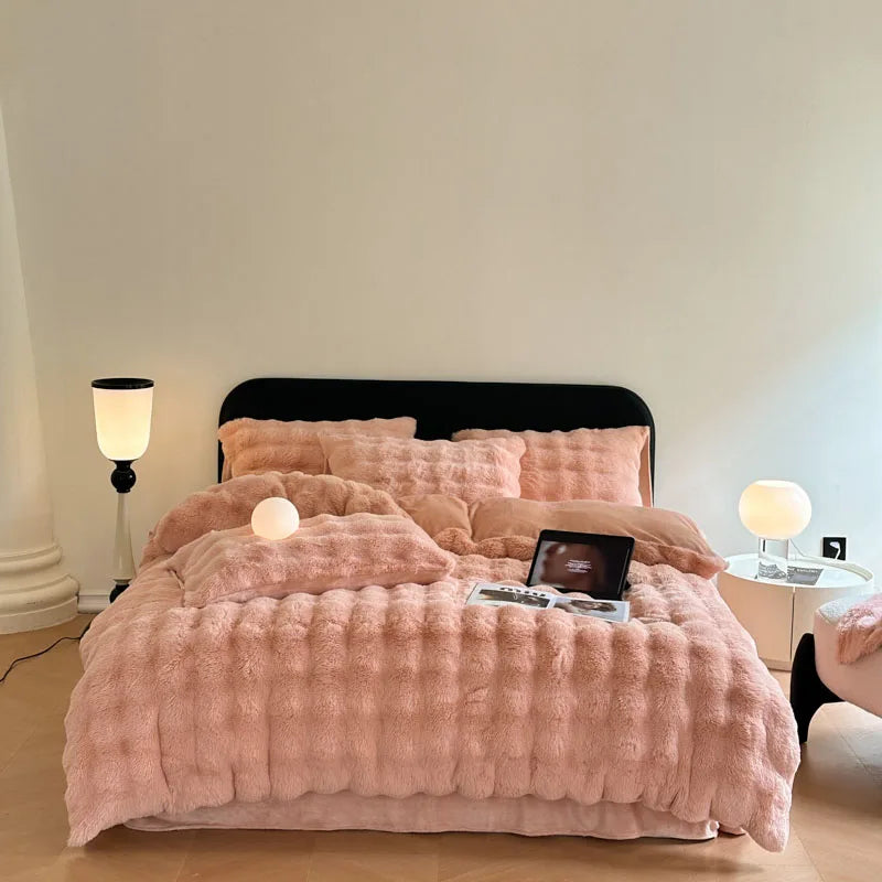 Afralia™ Faux Rabbit Fur Bedding Set, Velvet Plush, Soft & Luxurious 4Pcs
