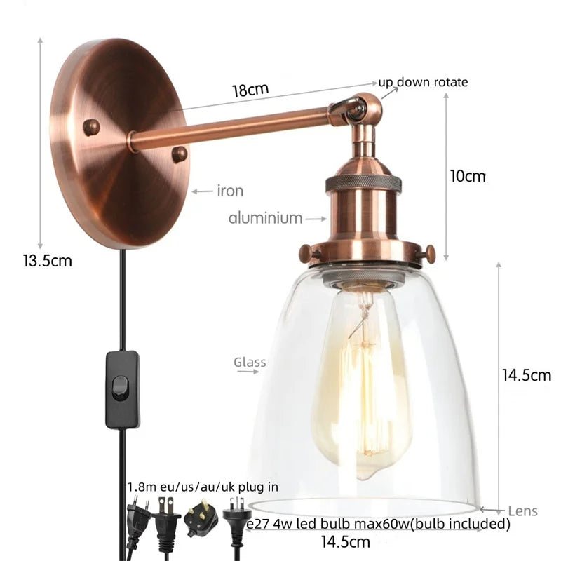 Afralia™ Vintage Single Arm LED Wall Lamp Iron Glass Retro Stair Light