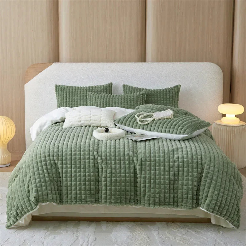 Afralia™ Faux Fur Bedding Set: Double Queen King Size Duvet Cover Sheet Pillowcase