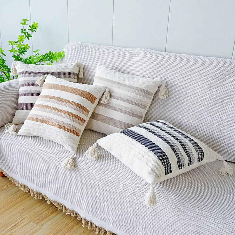 Afralia™ Ivory Brown Coffee Black Stripe Pillow Case with Tassels 45x45cm 30x50cm 50x50cm