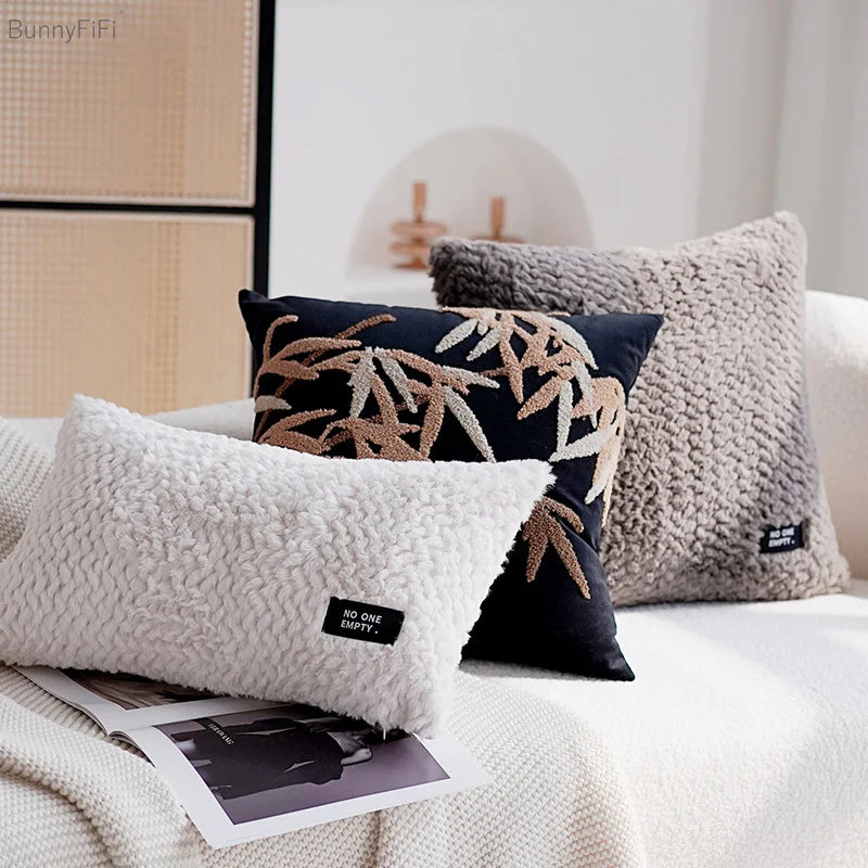 Afralia™ Embroidered Velvet Floral Pillow Cover Beige Black 45x45cm Luxury Decoration