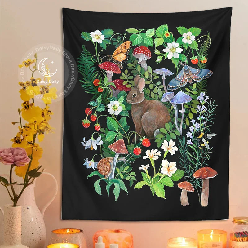 Afralia™ Rabbit Strawberry Garden Tapestry: Psychedelic Mushroom Flower Boho Wall Art