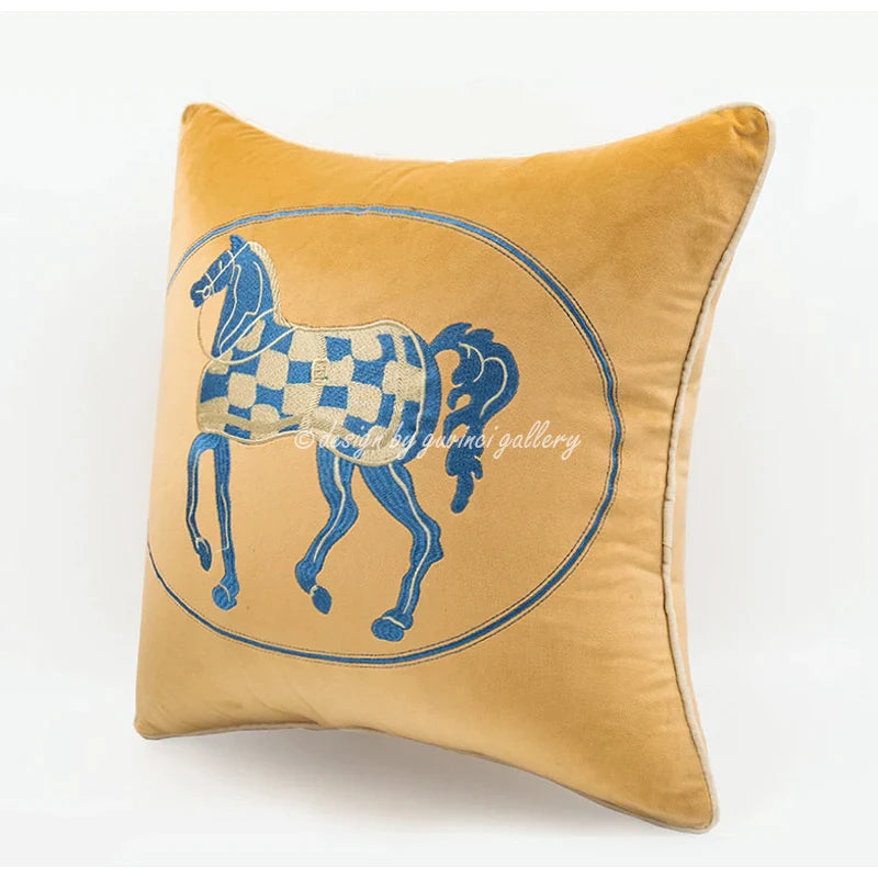 Afralia™ Velvet Horse Embroidered Lumbar Pillow Cover 30x50cm for Living Room