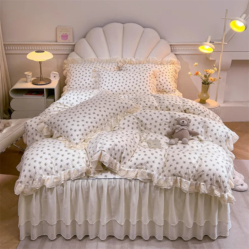 Afralia™ Princess Lace Ruffles Floral Bedding Set with Duvet Cover and Bed Skirt