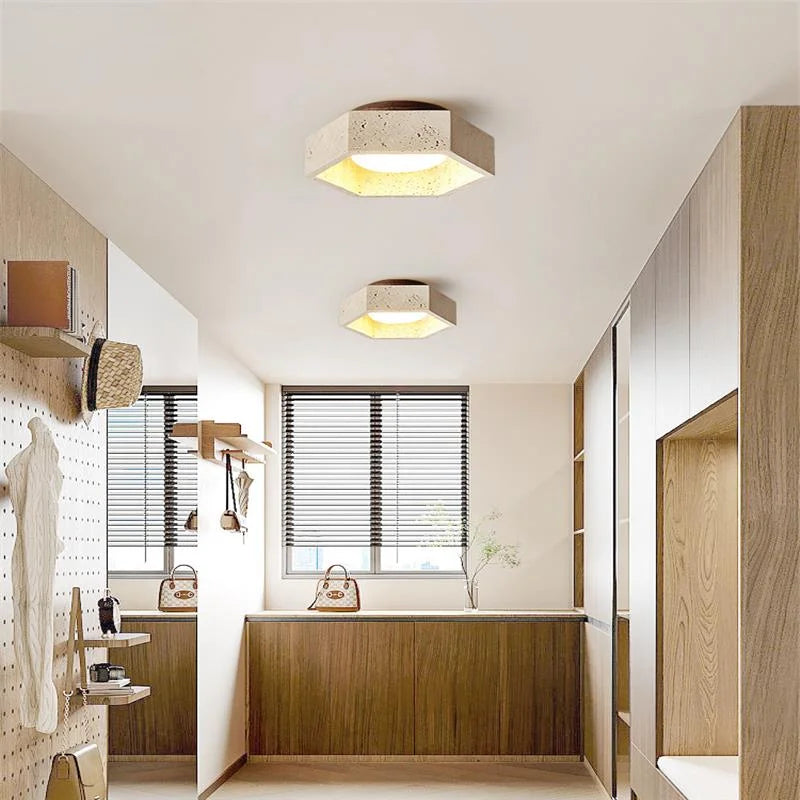 Afralia™ White Glass LED Ceiling Light Fixture Modern Yellow Stone Wood Base Nordic Design