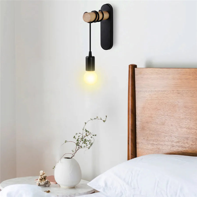 Nordic Wood Wall Lights Bedroom Bedside Lamp Black Modern E27 Sconce LED Afralia™ Lighting