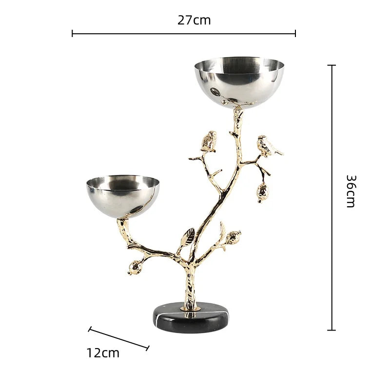 Afralia™ Golden Bird Metal Snack Bowl with Branches and Birds Fruit Platter