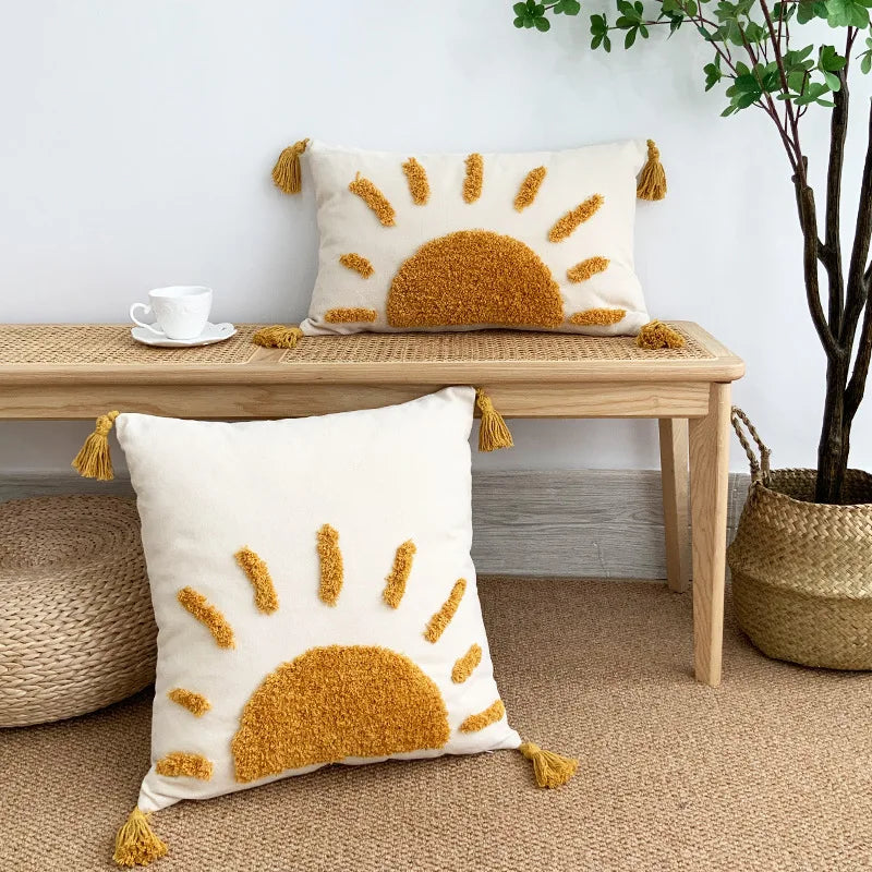 Afralia™ Sun Tufted Cotton Canvas Pillow Covers for Living Room Sofa Décor