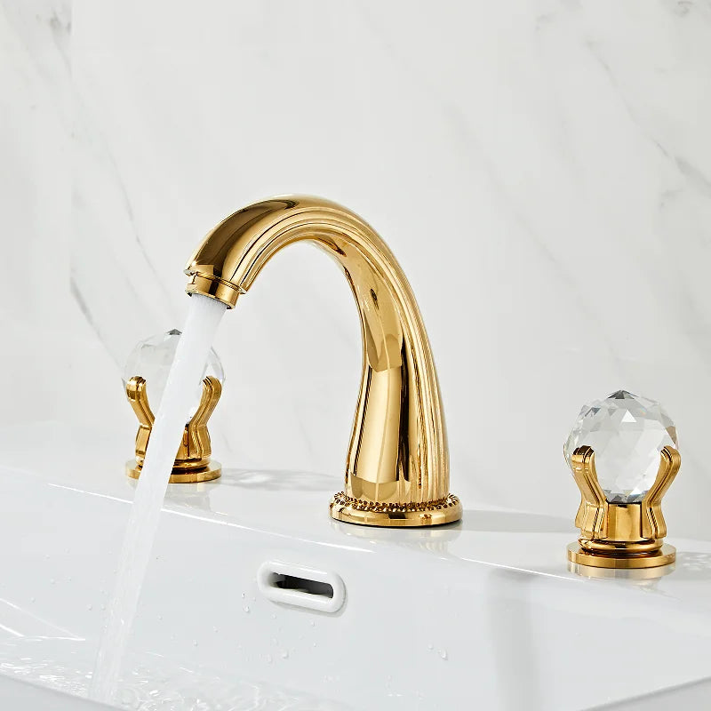Afralia™ Gold Crystal Handle Basin Faucet, 3 Hole Widespread Bathroom Sink Tap