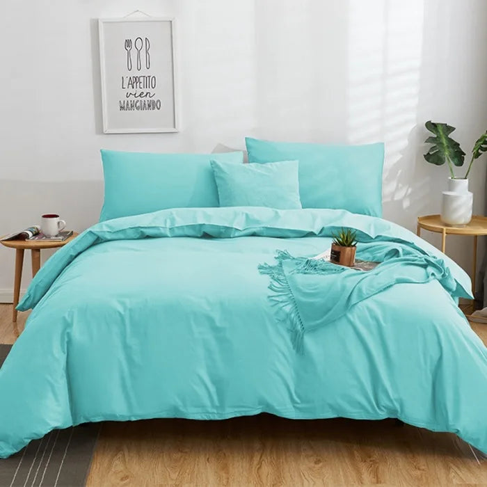 Afralia™ Cotton 4pcs Bedding Set Double Queen Solid Color Duvet Cover Flat Bed Sheet