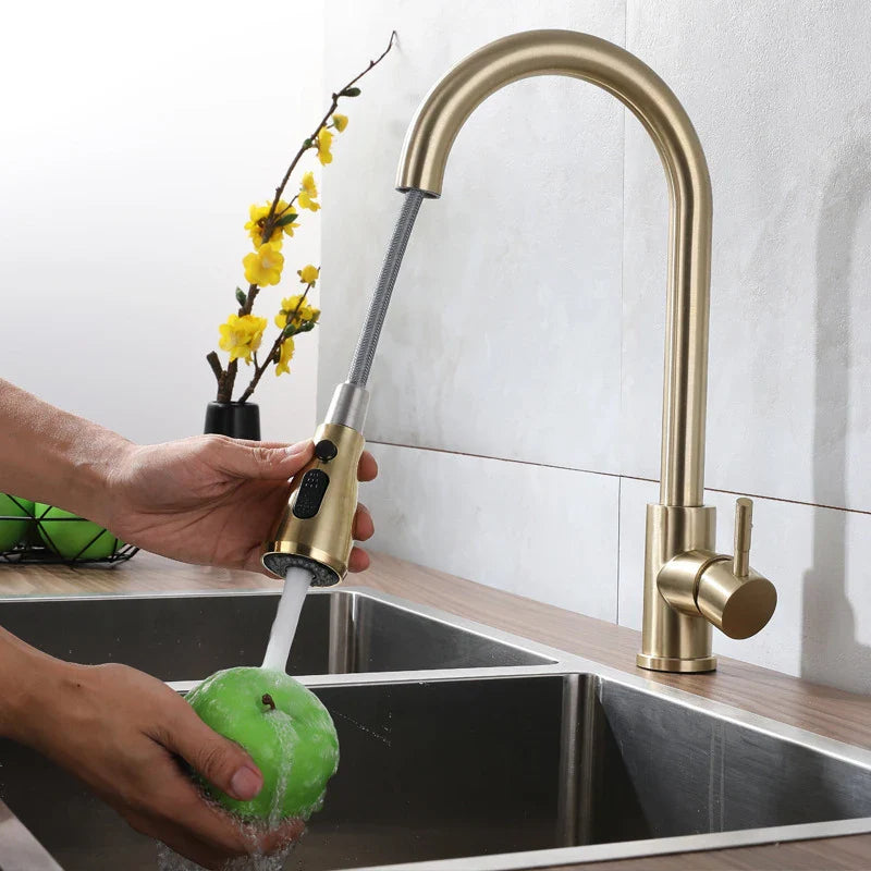 Afralia™ Brushed Gold Single Handle Pull Out Kitchen Faucet
