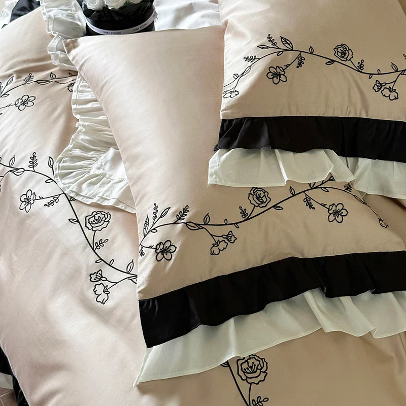 Afralia™ Vintage French Rose Flower Embroidery Ruffles Bedding Set