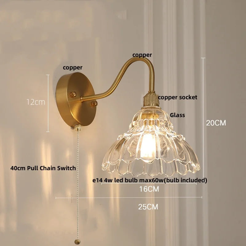 Afralia™ Brass LED Wall Lights Pull Chain Switch Clear Glass Modern Vanity Mirror Light
