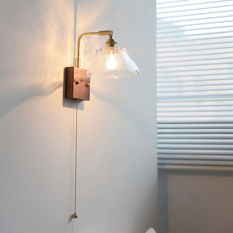 Afralia™ Clear Glass LED Wall Light Walnut Bedside Lamp Modern Rotatable Brass Wall Lights