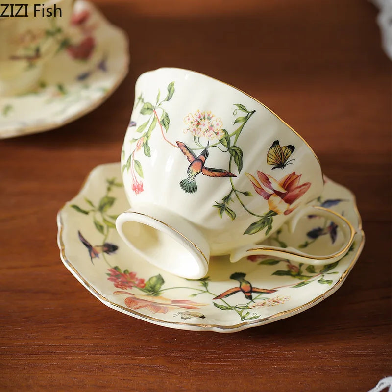 Afralia™ Ceramic Floral Bird Cup & Saucer Set for Dining Table and Coffee - 18 Word Limit