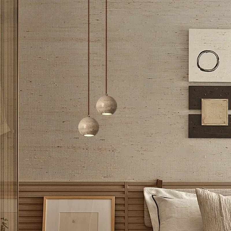 Afralia™ Yellow Travertine Spherical Stone LED Pendant Light for Bedroom Dining Living Room