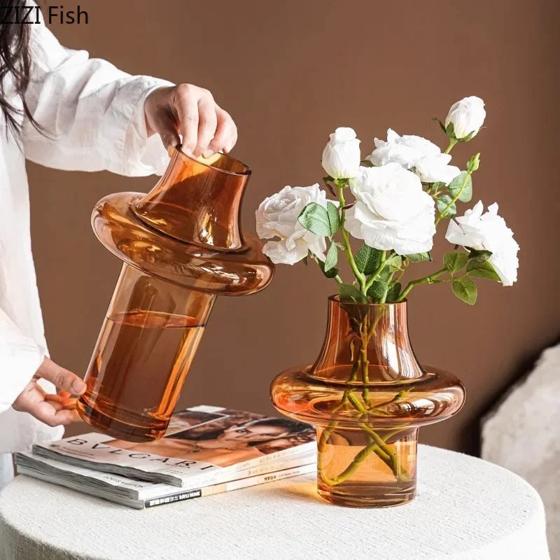 Afralia™ Amber Glass Vase Hydroponics Flower Pots Room Decor Arrangement Floral Vases