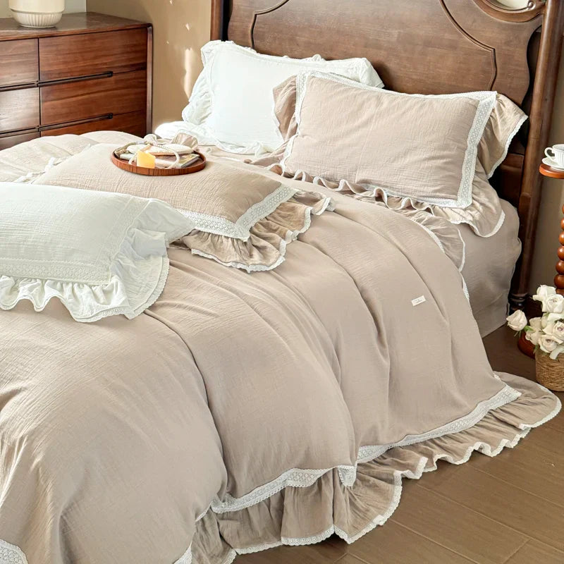 Afralia™ Double Layer Crinkle Yarn French Vintage Princess Ruffles Bedding Set