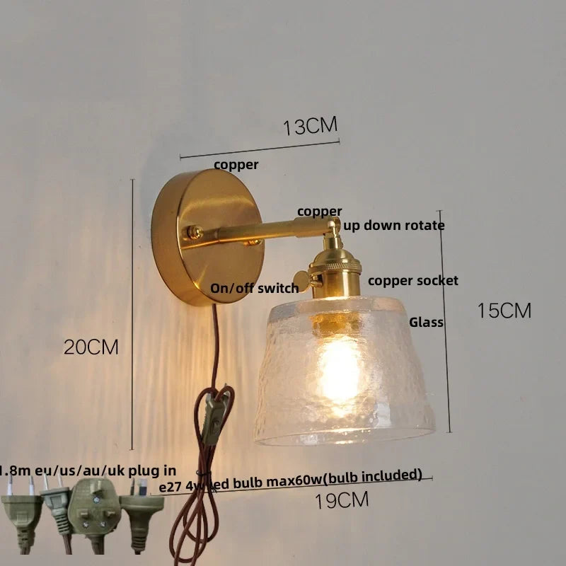 Afralia™ Clear Glass LED Wall Lights Brass E27 Pull Chain Switch Bedside Lamp