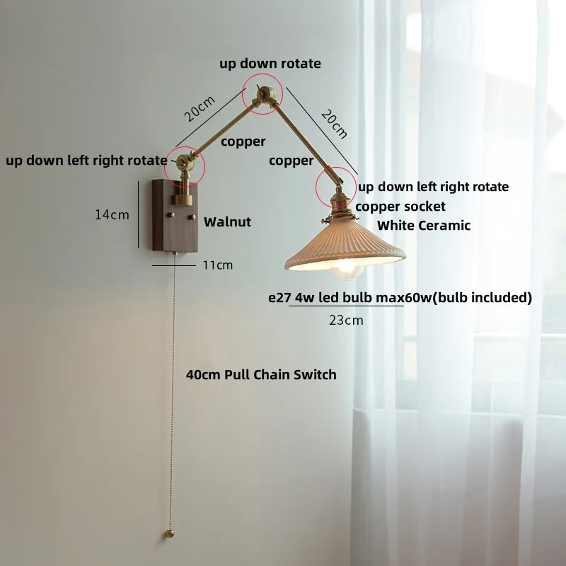 Afralia™ Ceramic Ball Brass Walnut Wood Wall Light with Pull Chain Switch