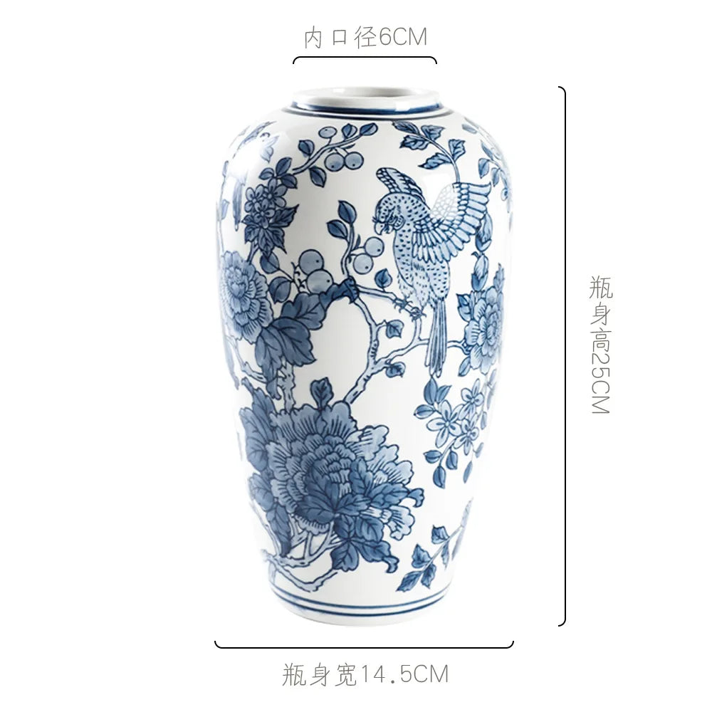 Afralia™ Blue White Porcelain Vase Chinese Retro Flower Arrangement Pot
