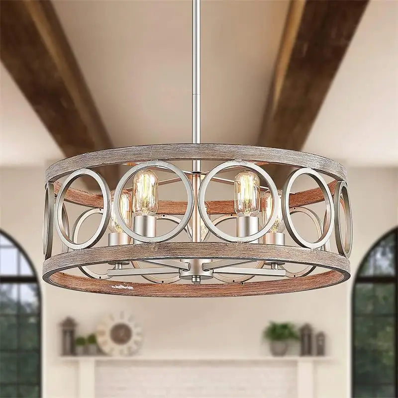 Afralia™ Retro Iron Art Wood Grain Circular Chandelier - Farmhouse Industrial Ceiling Light