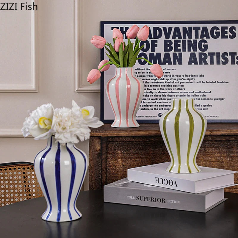 Afralia™ Striped Ceramic Vase: Colorful Desk Decoration for Aesthetic Room Decor