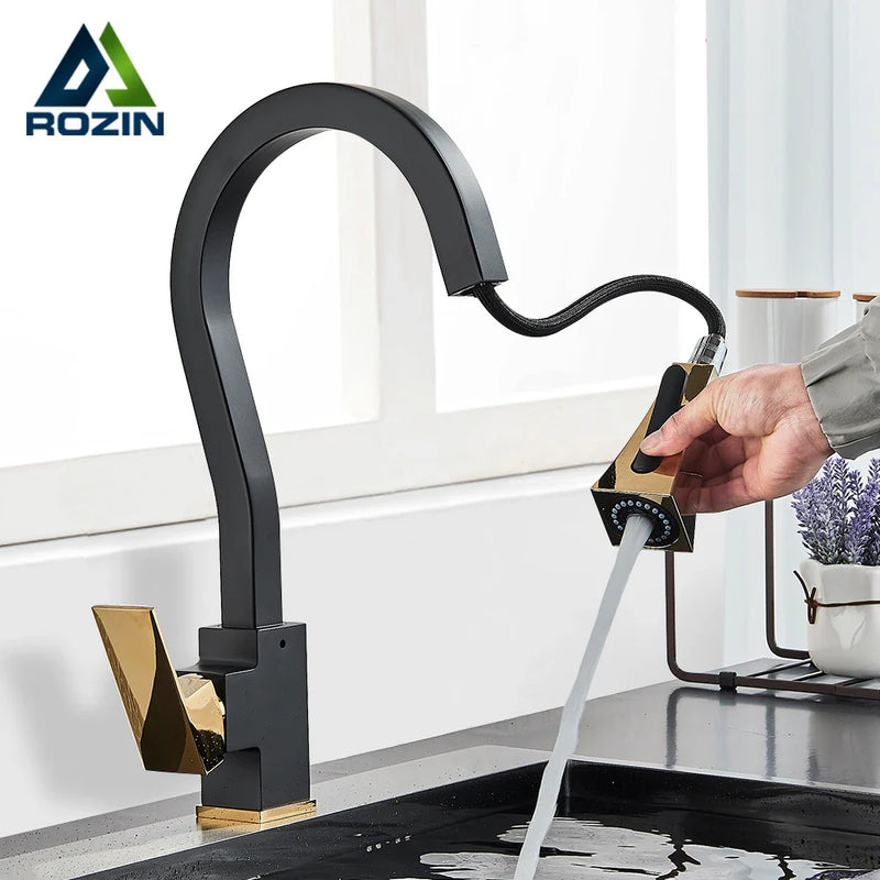 Afralia™ Black Gold Kitchen Faucet with Flexible Pull Down Sprayer