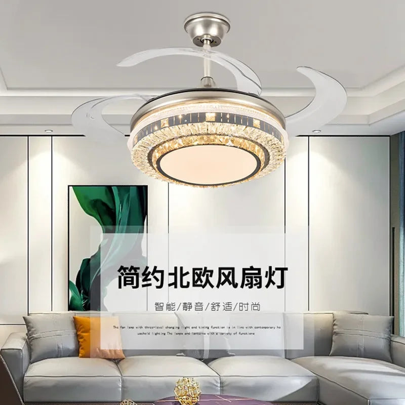 Afralia™ Gold Crystal Retractable Blades Modern LED Ceiling Fan 42" Smart Lightning