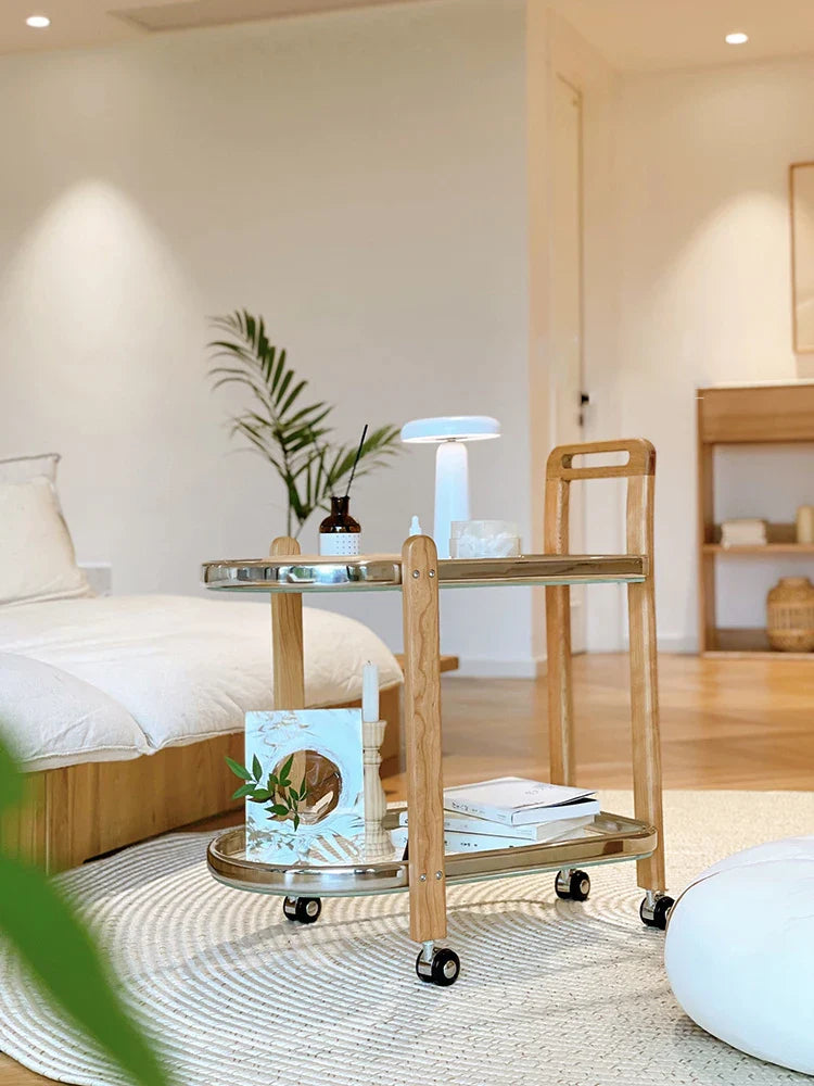 Afralia™ Nordic Wood End Table Tea Table, Movable Trolley, Glass Top, Multifunctional Storage Rack.